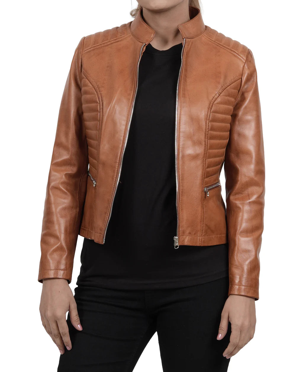 Rachel Womens Tan Cafe Racer Leather Jacket