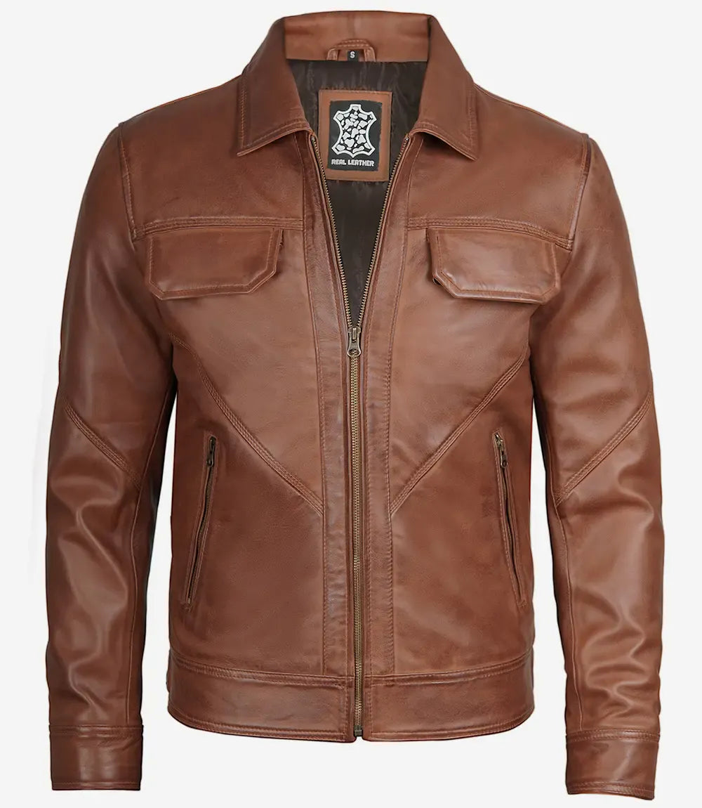 Men's Cognac Brown Lambskin Leather Jacket Shirt Collar