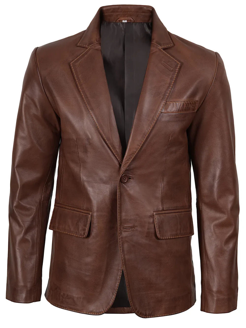 Men Two Button Cognac Wax Leather Blazer
