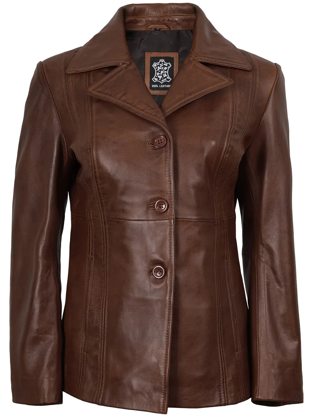 Women's Three Button Cognac Brown Leather Blazer