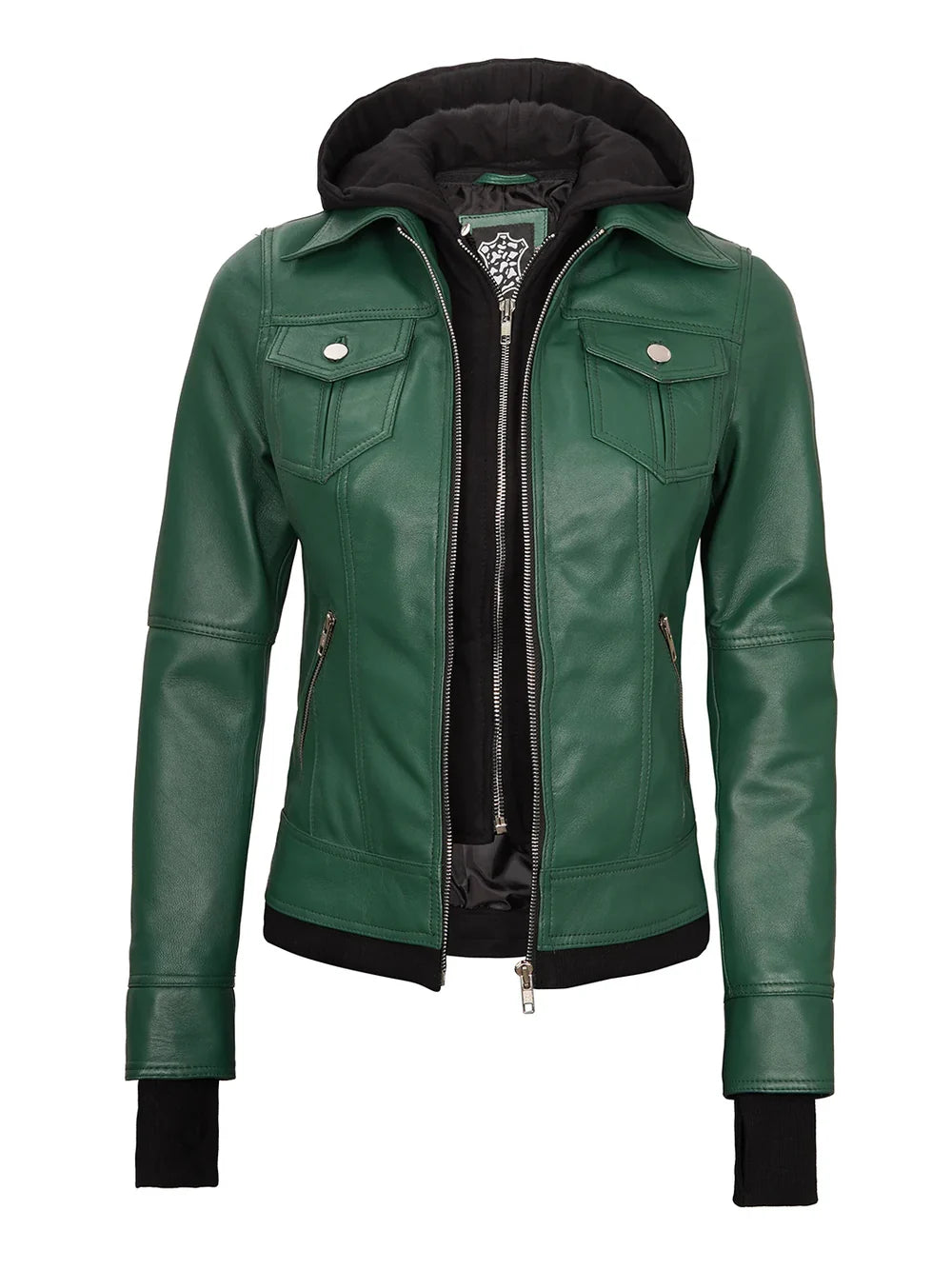 Tralee Women's Green Real Leather Jacket with Hood