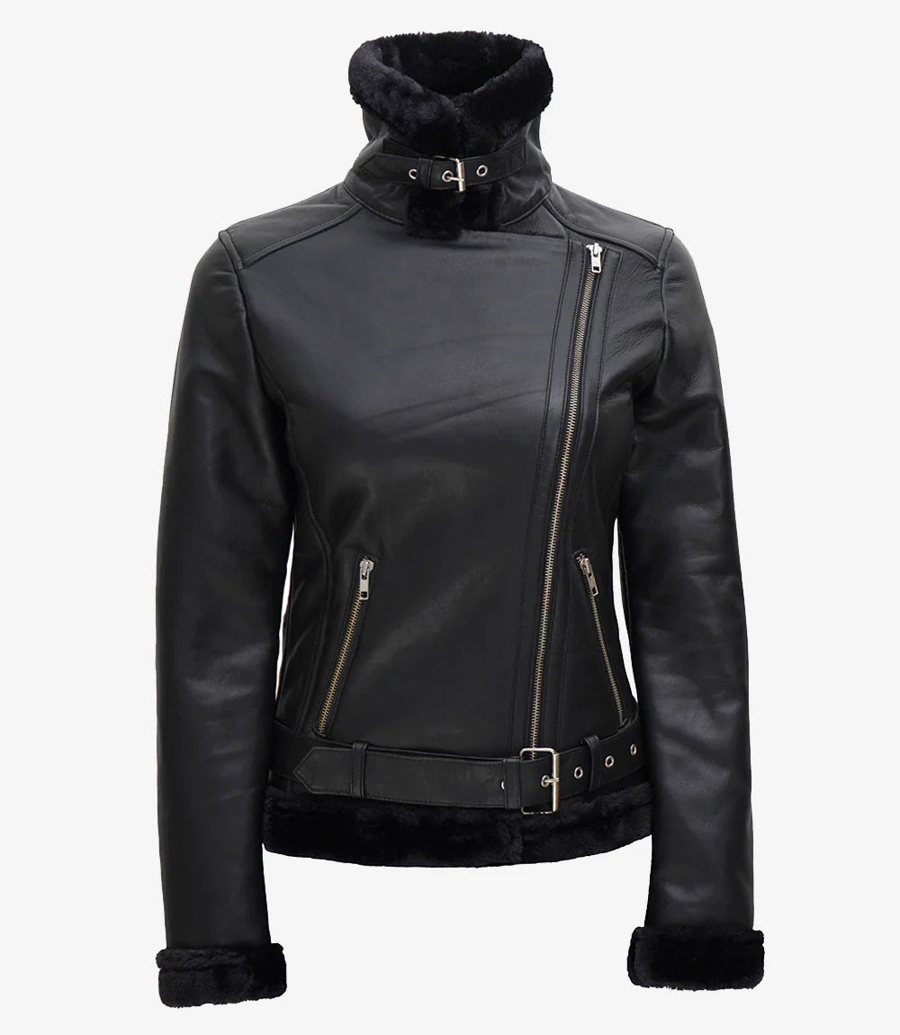 Women's Black Asymmetrical Shearling Leather Jacket