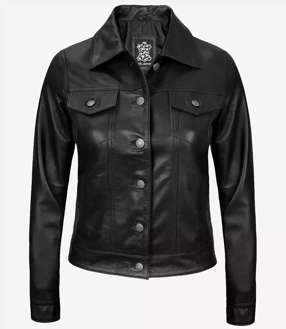 Fernando Women's Black Leather Trucker Jacket