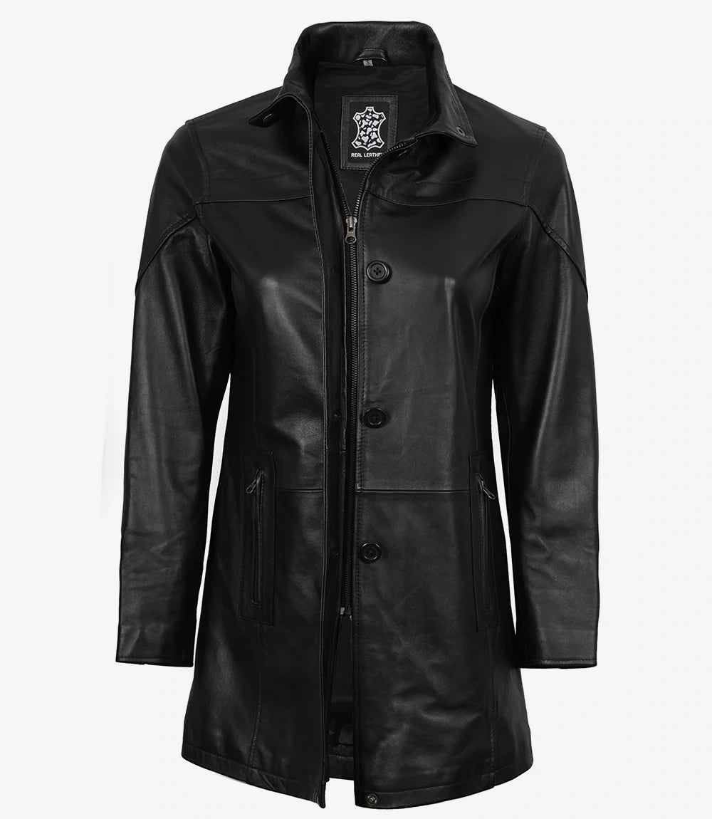 Womens Black 3/4 Length Real Leather Car Coat