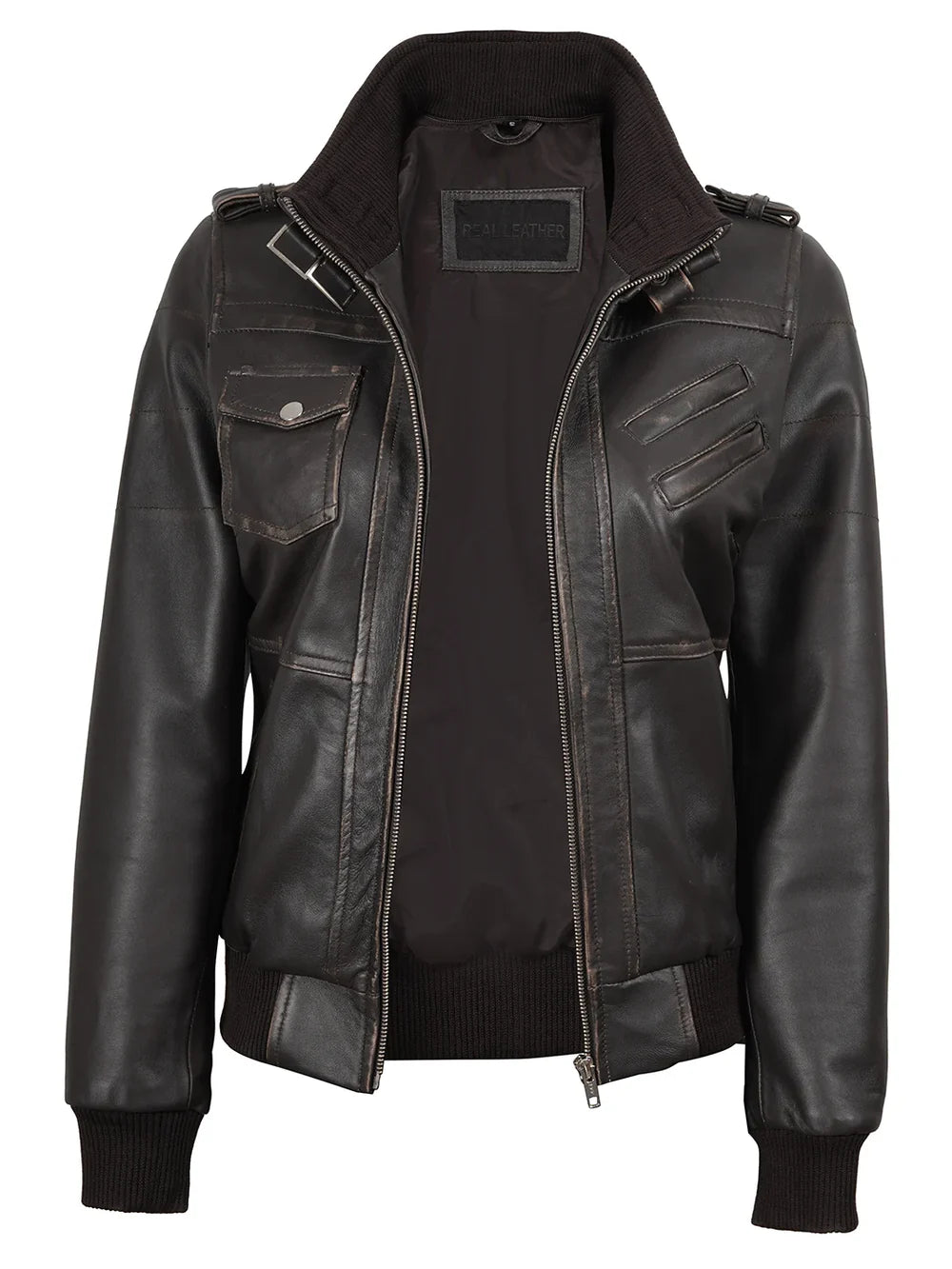 Women's Dark Brown Rub Off Leather Jacket with Removable Hood