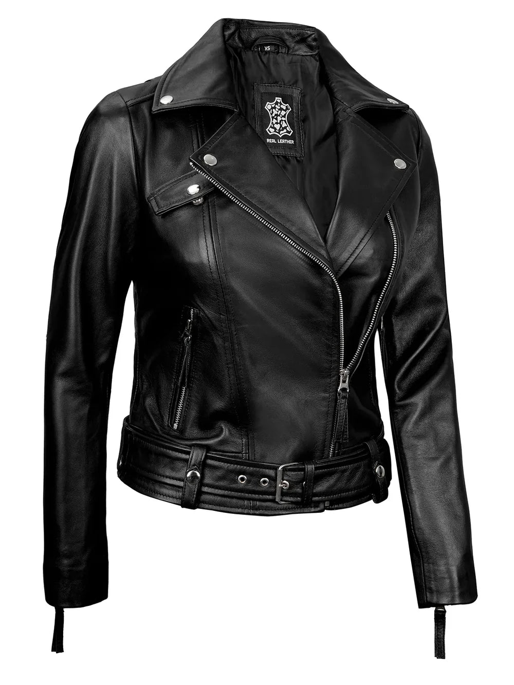 Angela Womens Black Asymmetrical Belted Leather Jacket