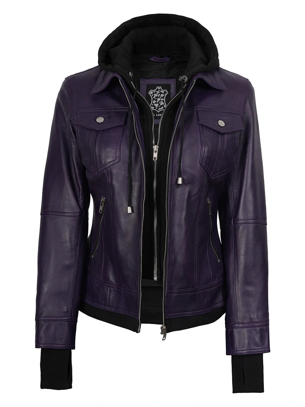 Women's Purple Leather Jacket with Removable Hood