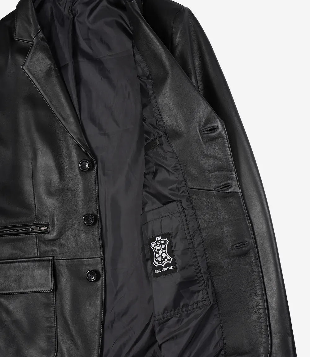 Men's Black Three Button Real Leather Blazer
