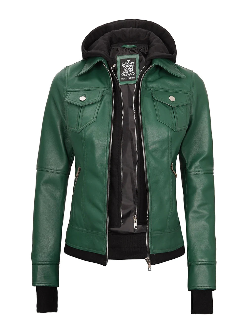 Tralee Women's Green Real Leather Jacket with Hood