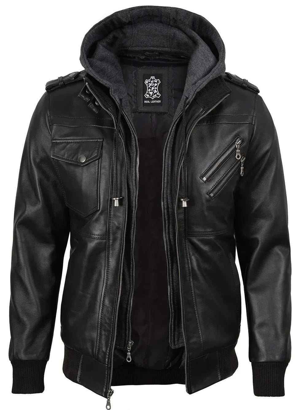 Men's Black Bomber Leather Jacket with Removable Hood