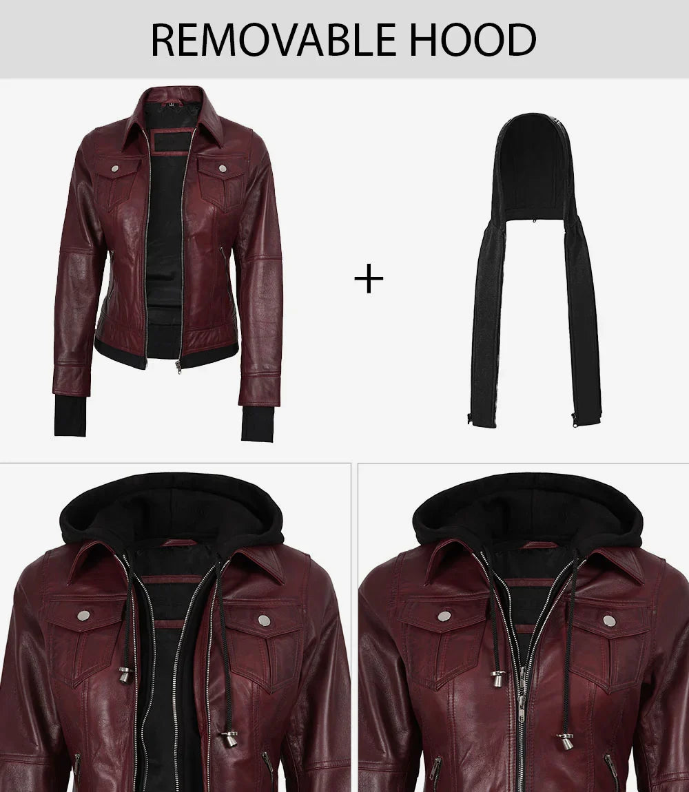Real Leather Women's Bomber Burgundy Jacket with Hood