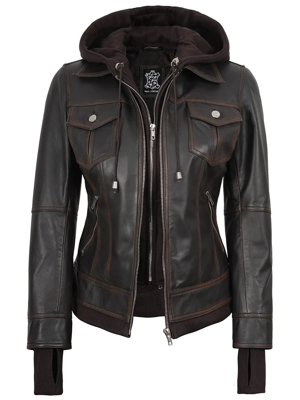 Tralee Women Dark Brown Bomber Leather Jacket With Removable Hood