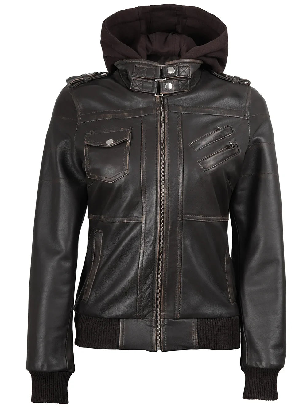 Women's Dark Brown Rub Off Leather Jacket with Removable Hood