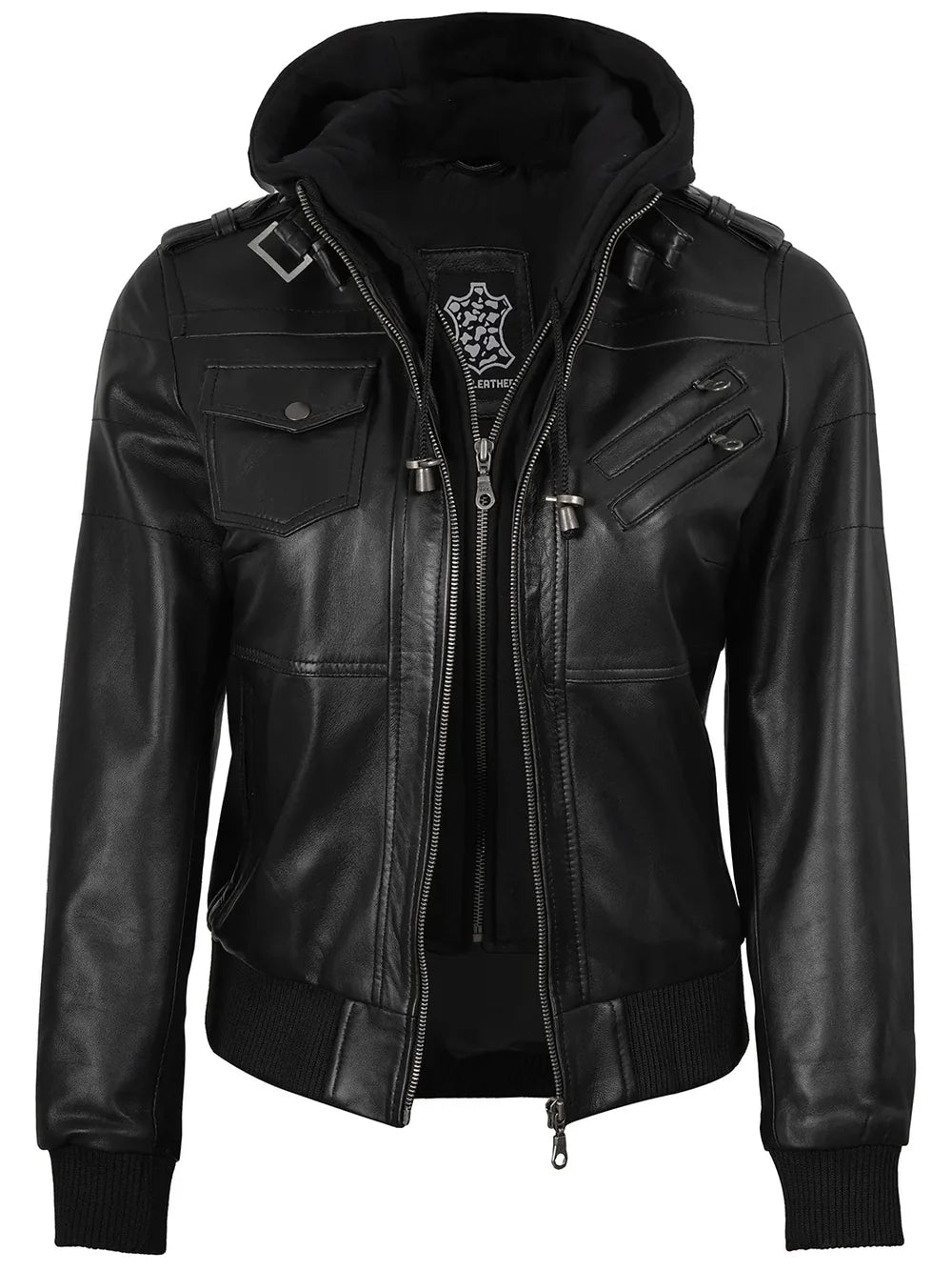 Real Leather Women's Bomber Black Jacket with Removable Hood