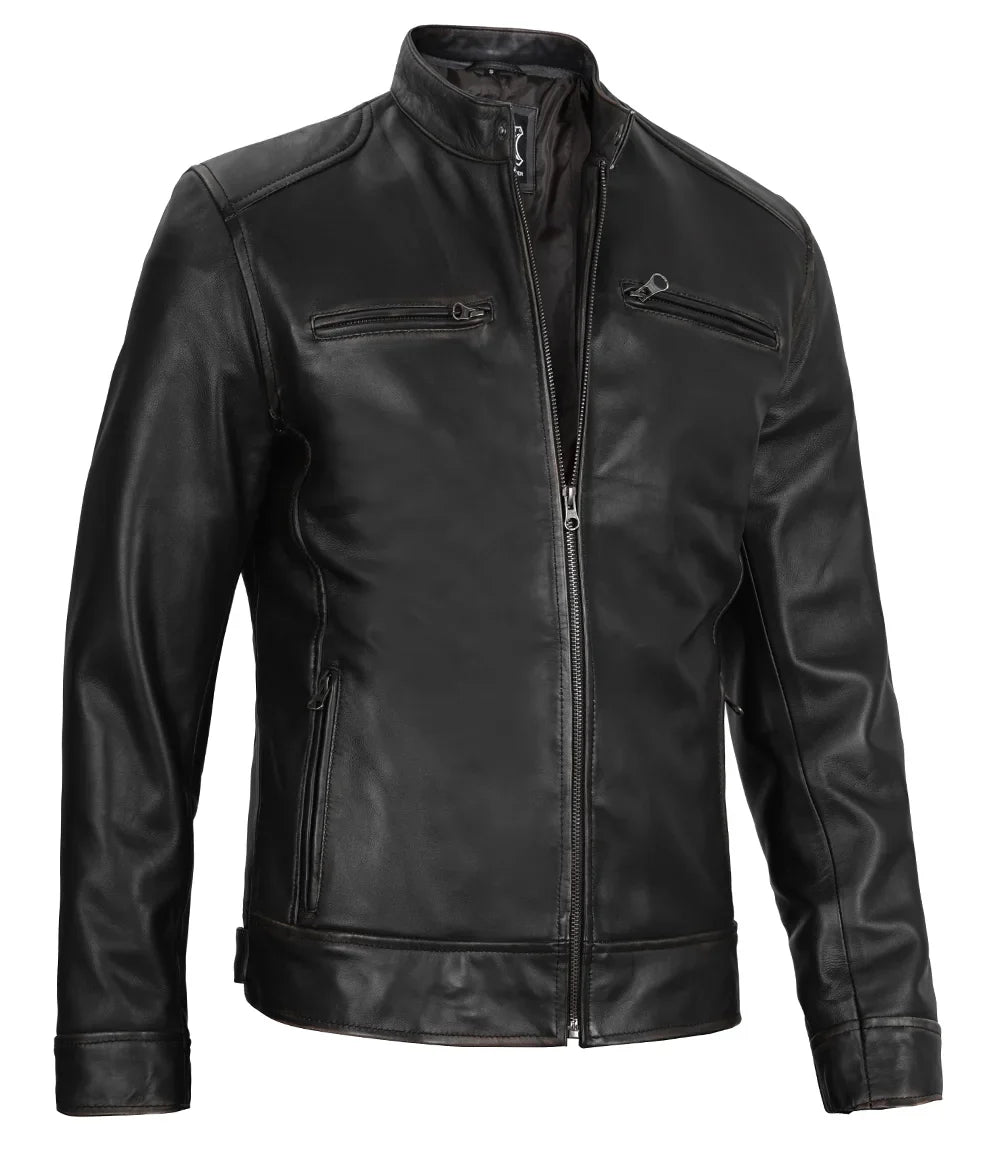 Real Leather Men's Black Cafe Racer Jacket
