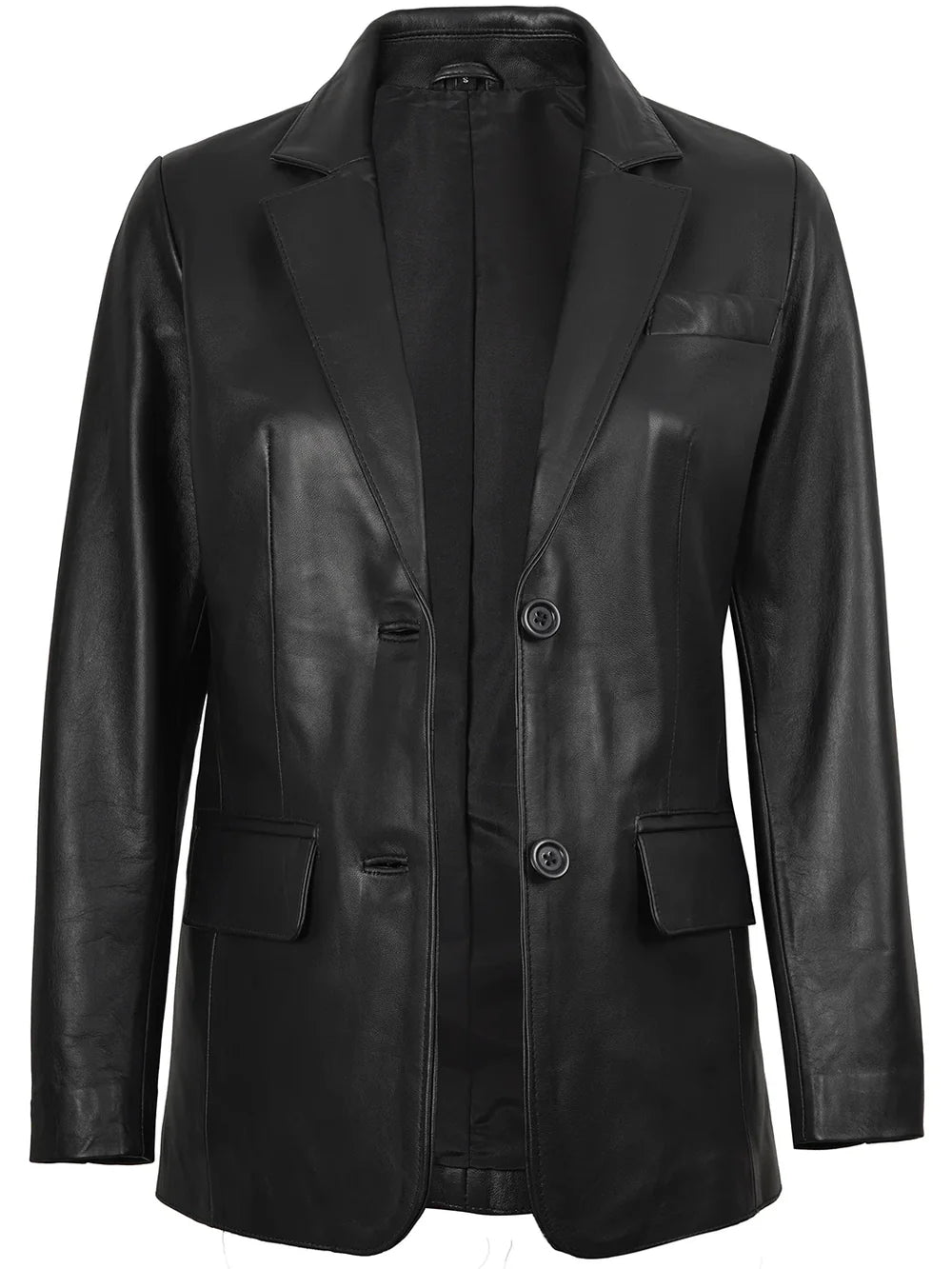 Women's Two Button Black Real Leather Blazer