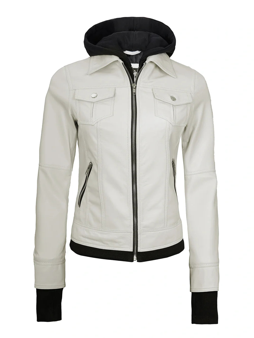 Womens Off White Biker Style Leather Jacket with Hood