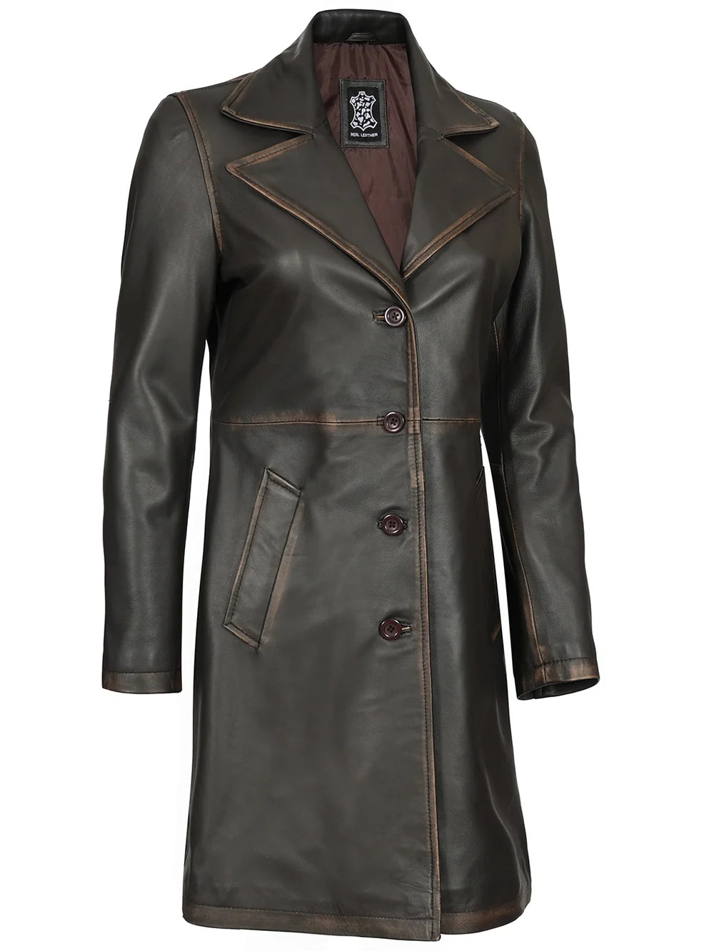 Bryson Women's Rub Off Dark Brown Leather Long 3/4 Coat