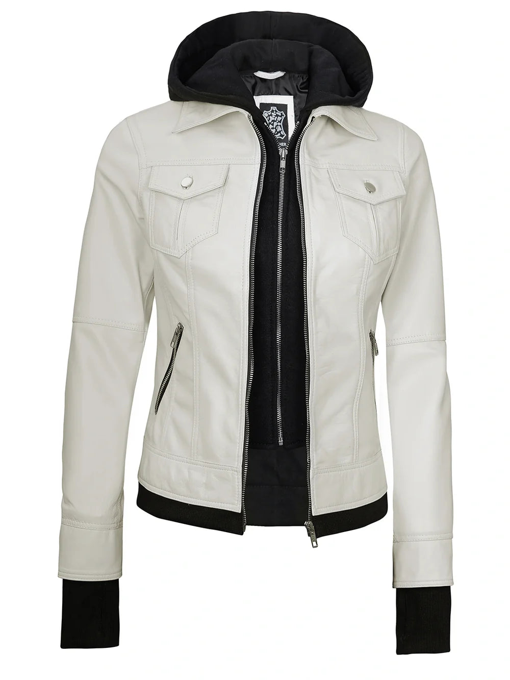 Womens Off White Biker Style Leather Jacket with Hood