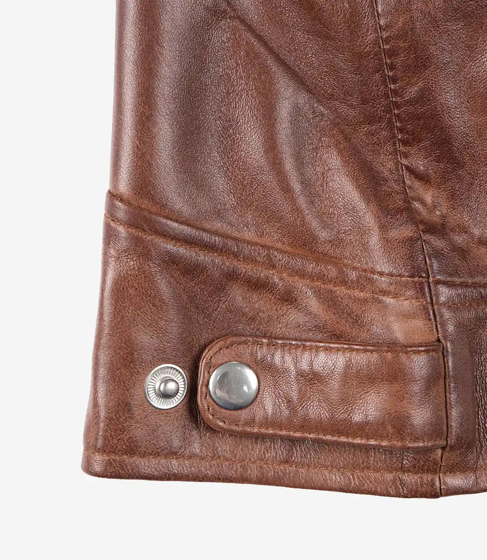 Dodge Womens Cognac Brown Biker Style Leather Jacket