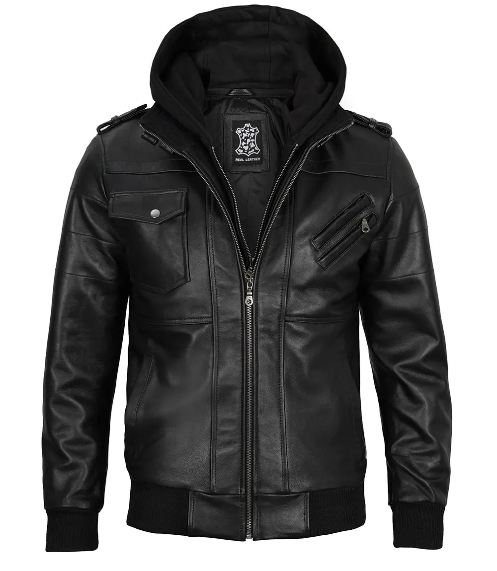 Edinburgh Men Black Bomber Leather Jacket With Removable Hood