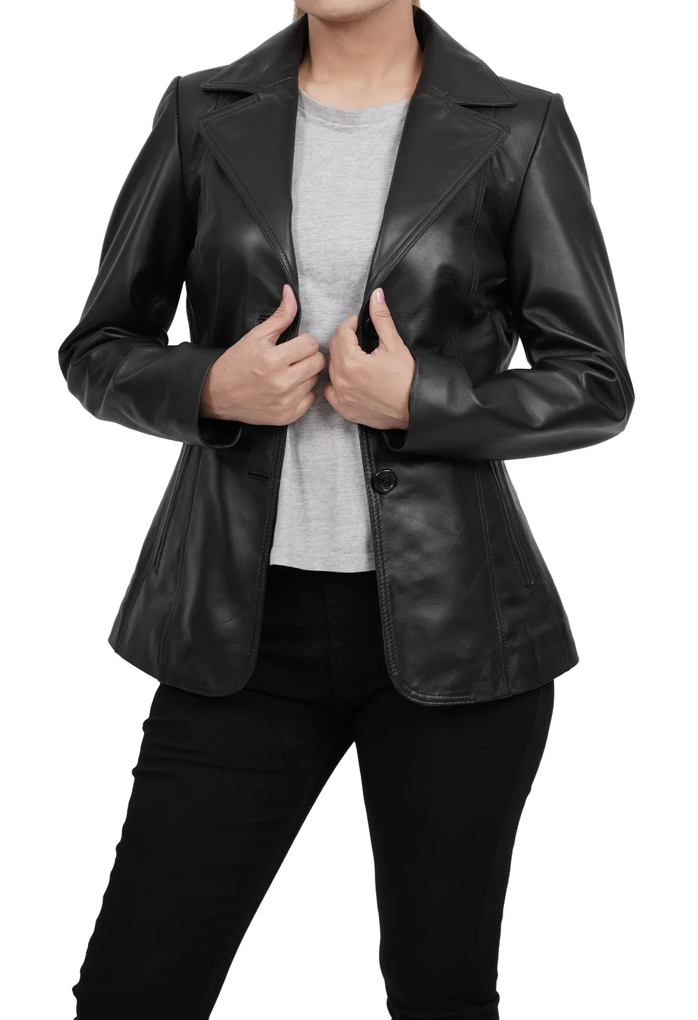 Women's Black Two Button Leather Blazer Jacket