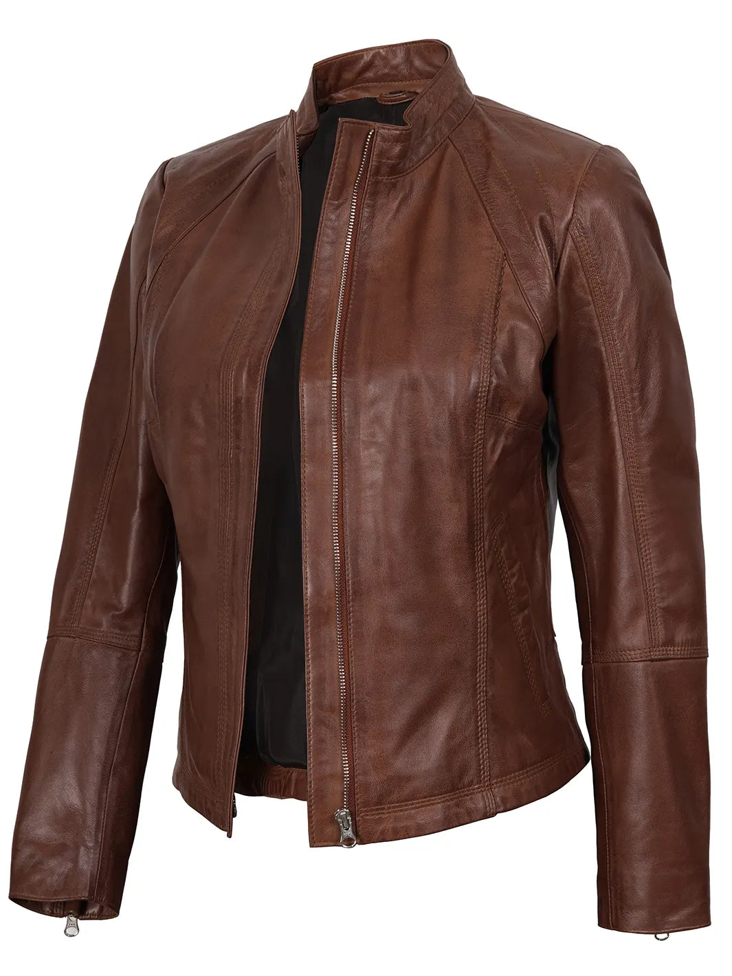 Acerra Womens Cognac Brown Biker Style Real Leather Jacket