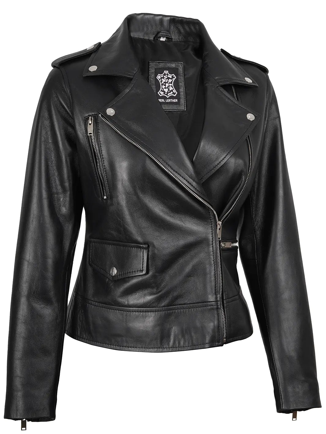 Amber Womens Asymmetrical Black Biker Style Leather Jacket