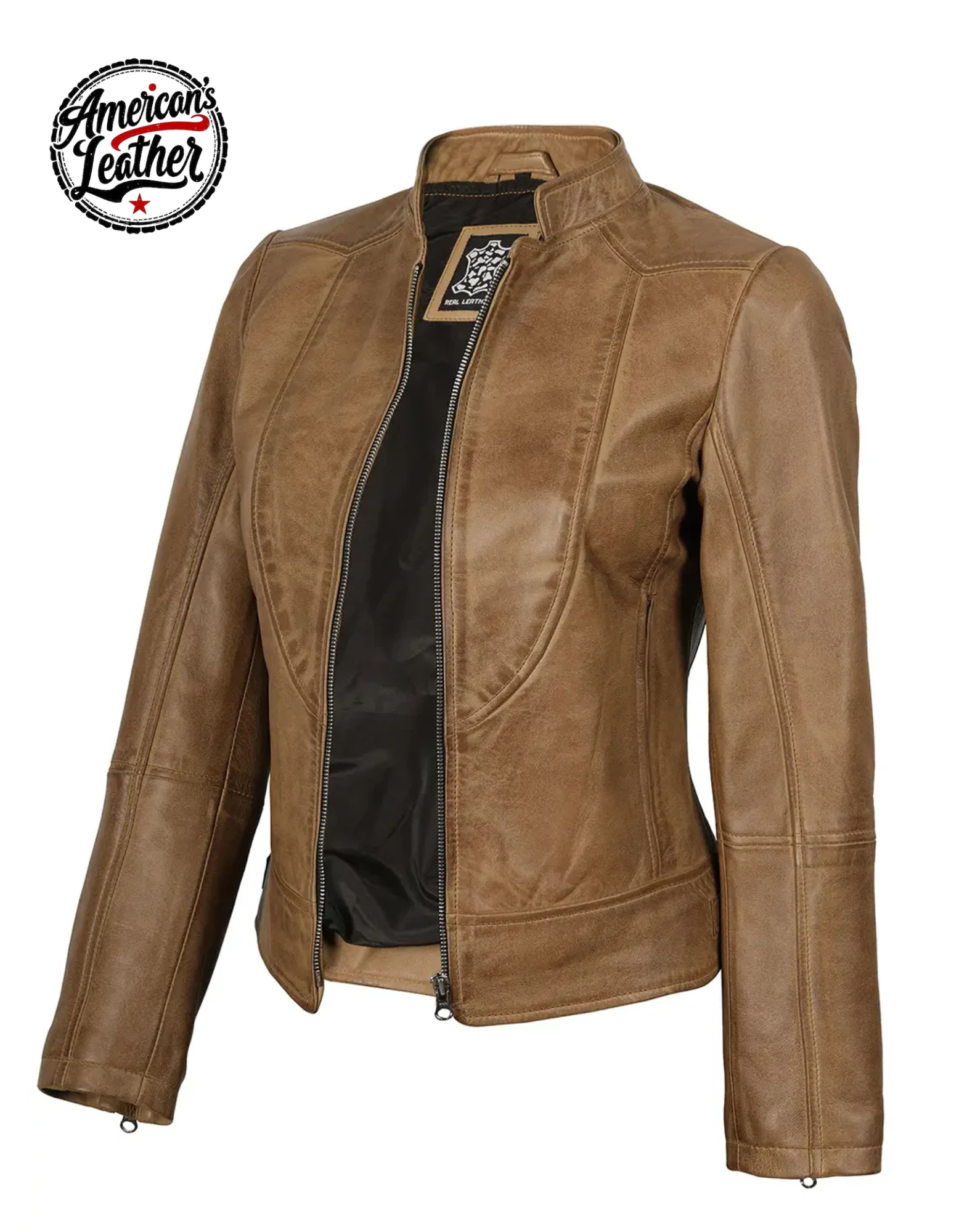 Amy Womens Camel Leather Biker Style Jacket