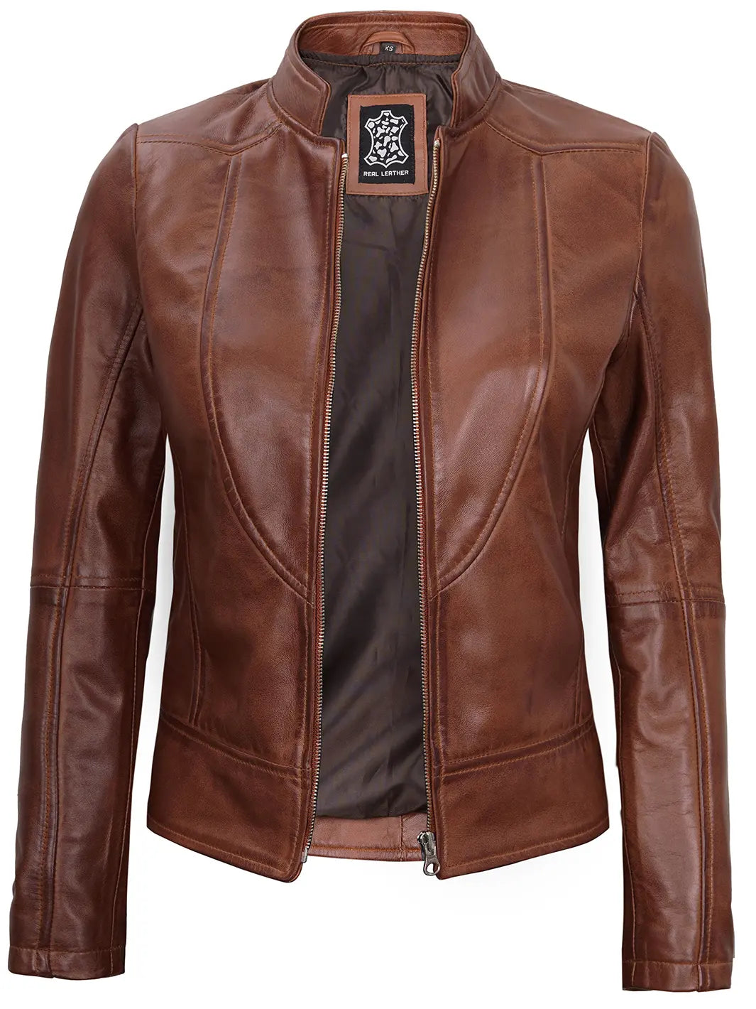 Amy Women Cognac Brown Cafe Racer Leather Jacket