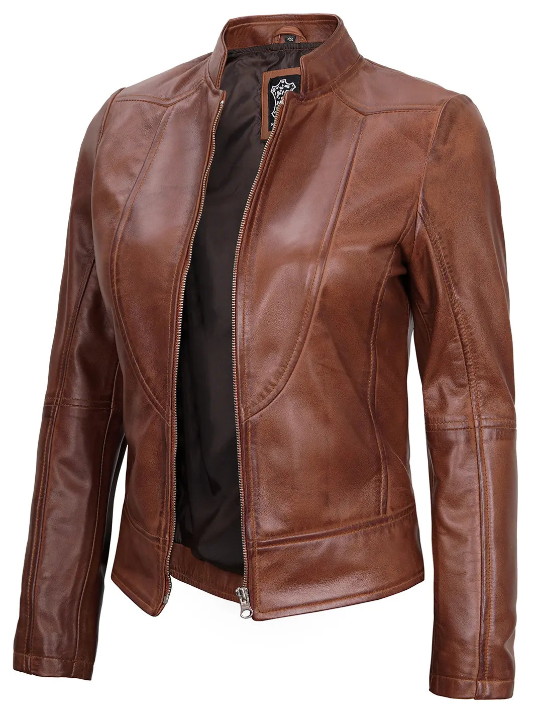 Amy Women Cognac Brown Cafe Racer Leather Jacket