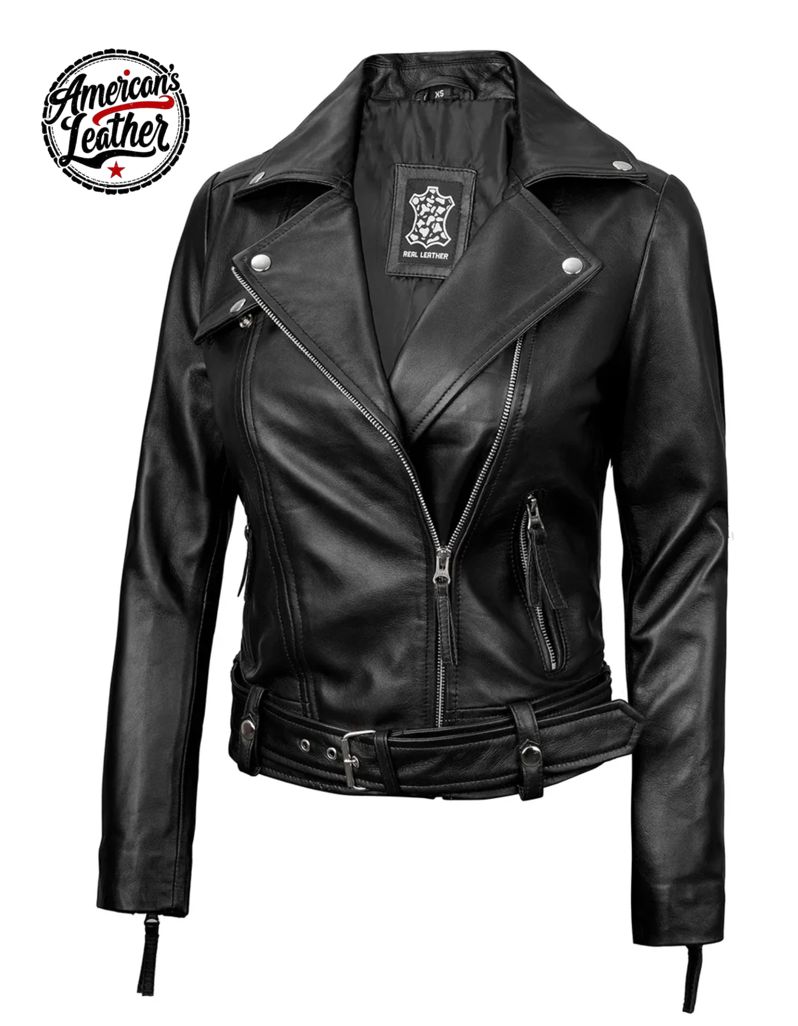 Angela Womens Black Asymmetrical Belted Leather Jacket