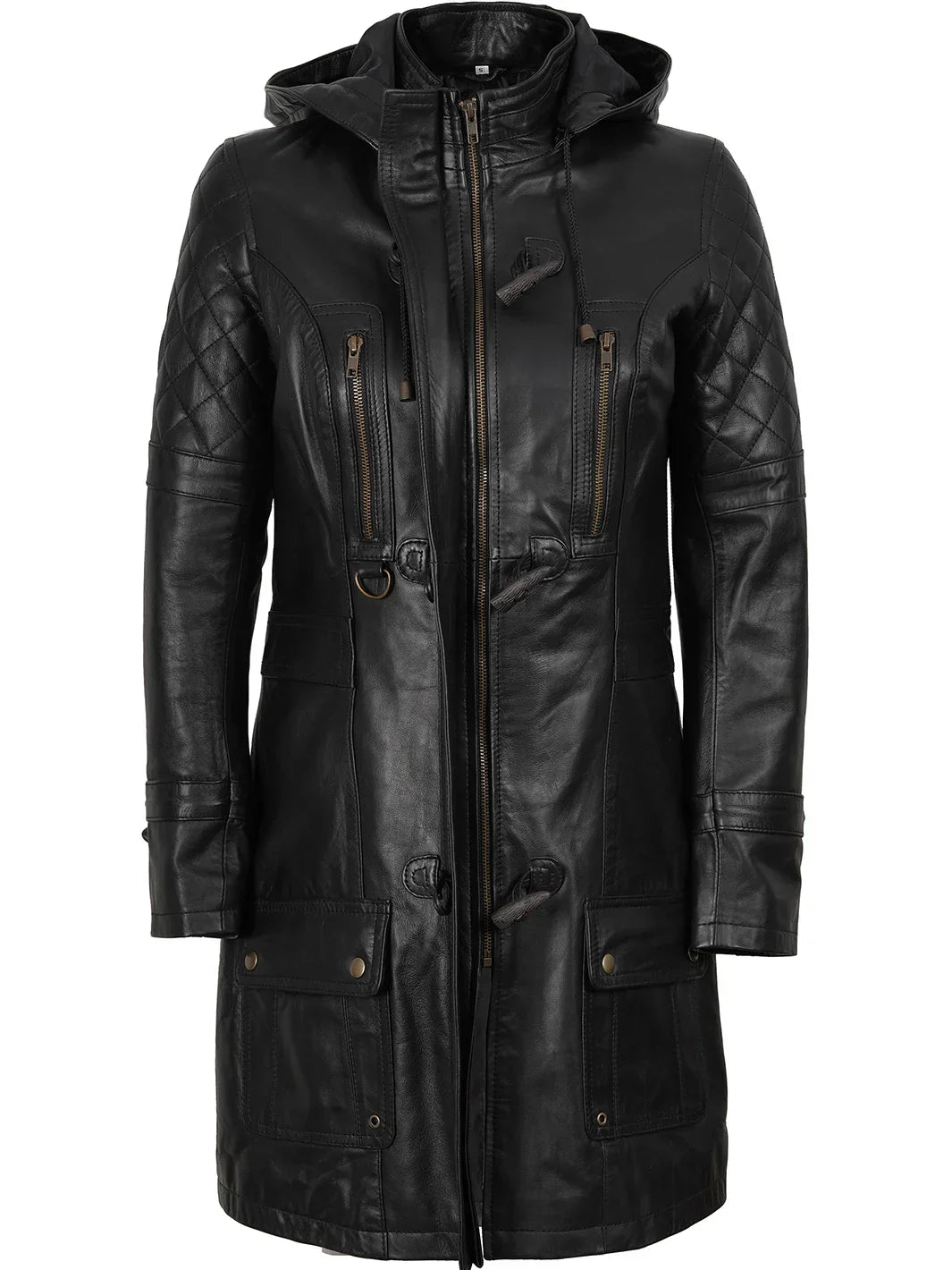 Women’s Black 3/4 Length Leather Coat With Hood