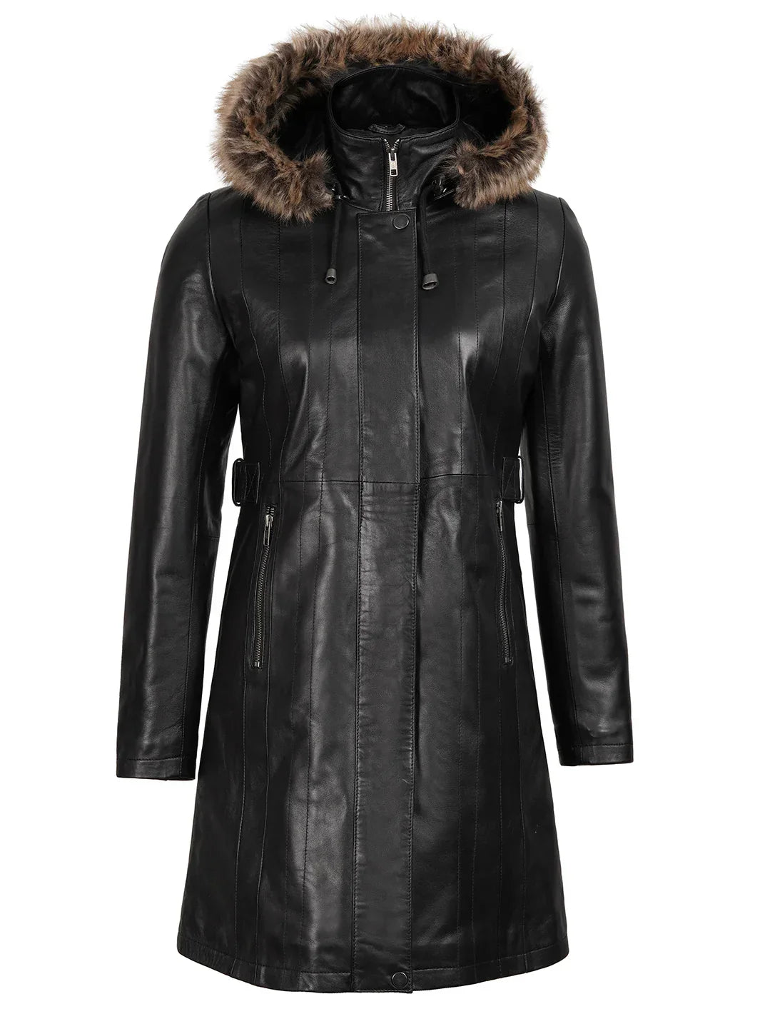 Women’s Black Real Lambskin Leather Hooded Shearling Coat