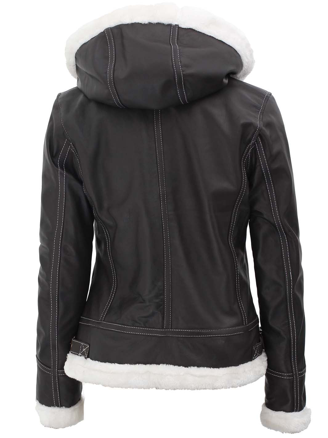 Womens Shearling Dark Brown Bomber Leather Jacket with Removable Hood