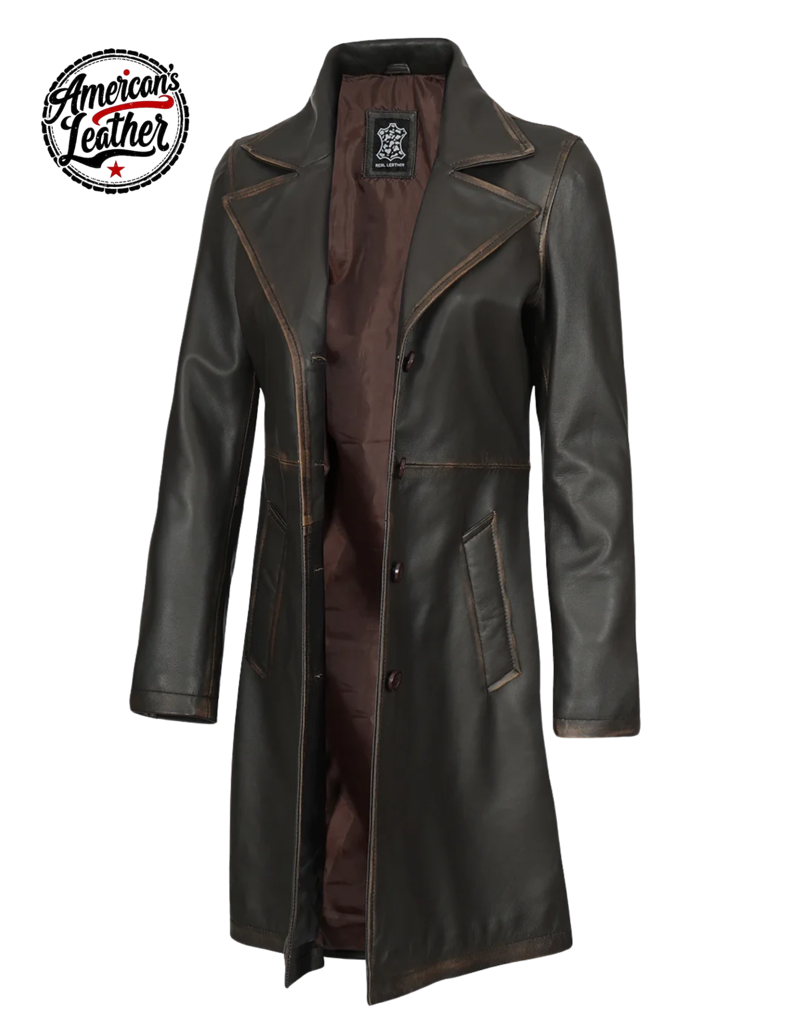 Bryson Women's Rub Off Dark Brown Leather Long 3/4 Coat