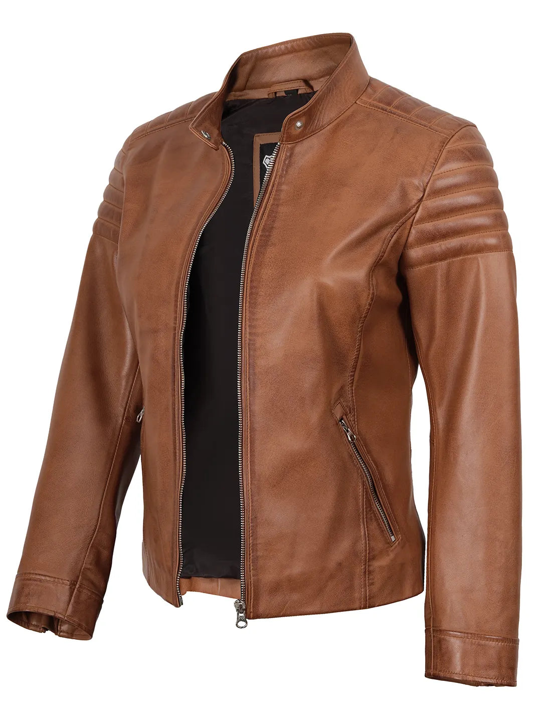 Womens Tan Brown Cafe Racer Style Leather Jacket