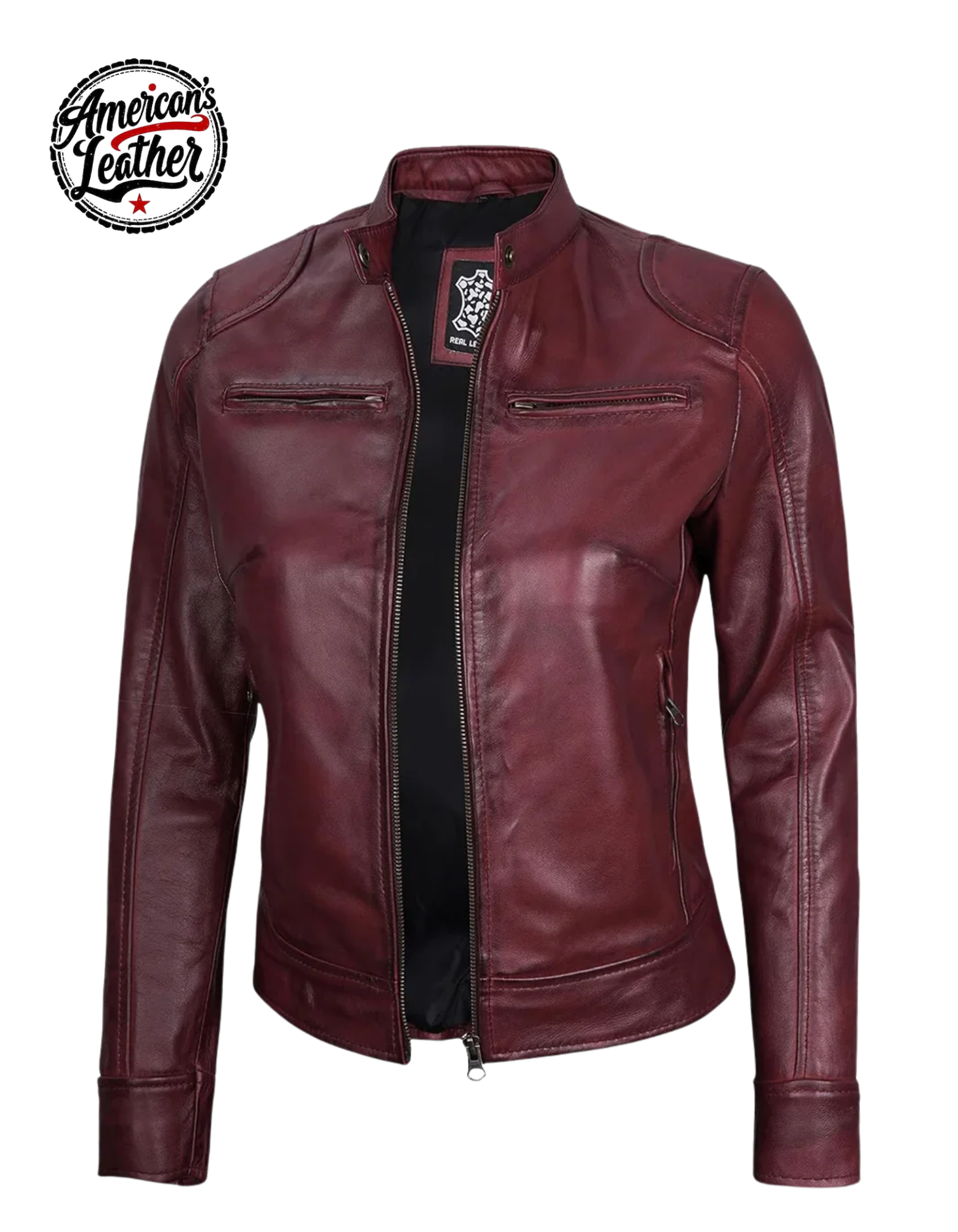 Dodge Womens Burgundy Leather Jacket Cafe Racer