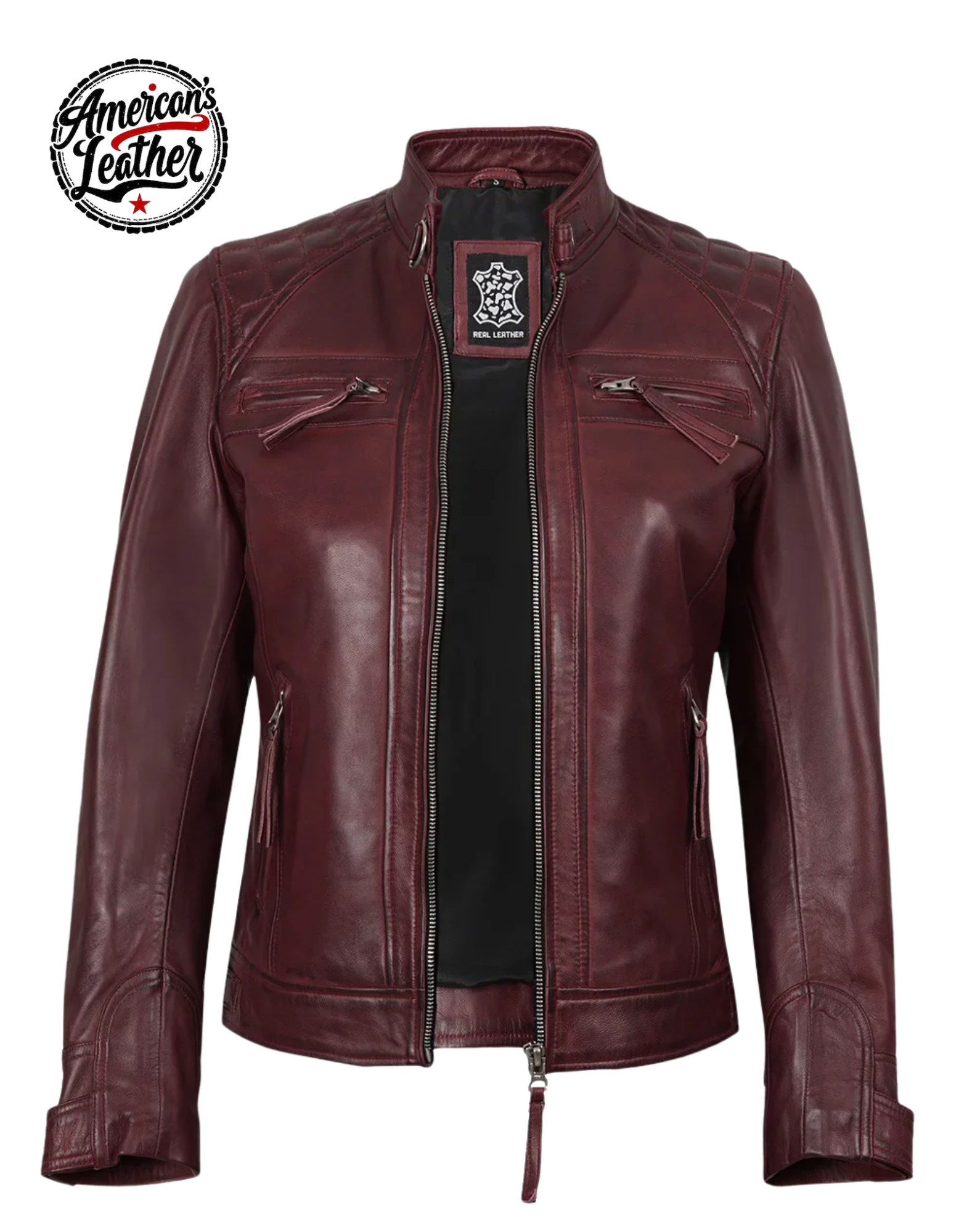 Johnson Women's Burgundy Quilted Cafe Racer Leather Jacket