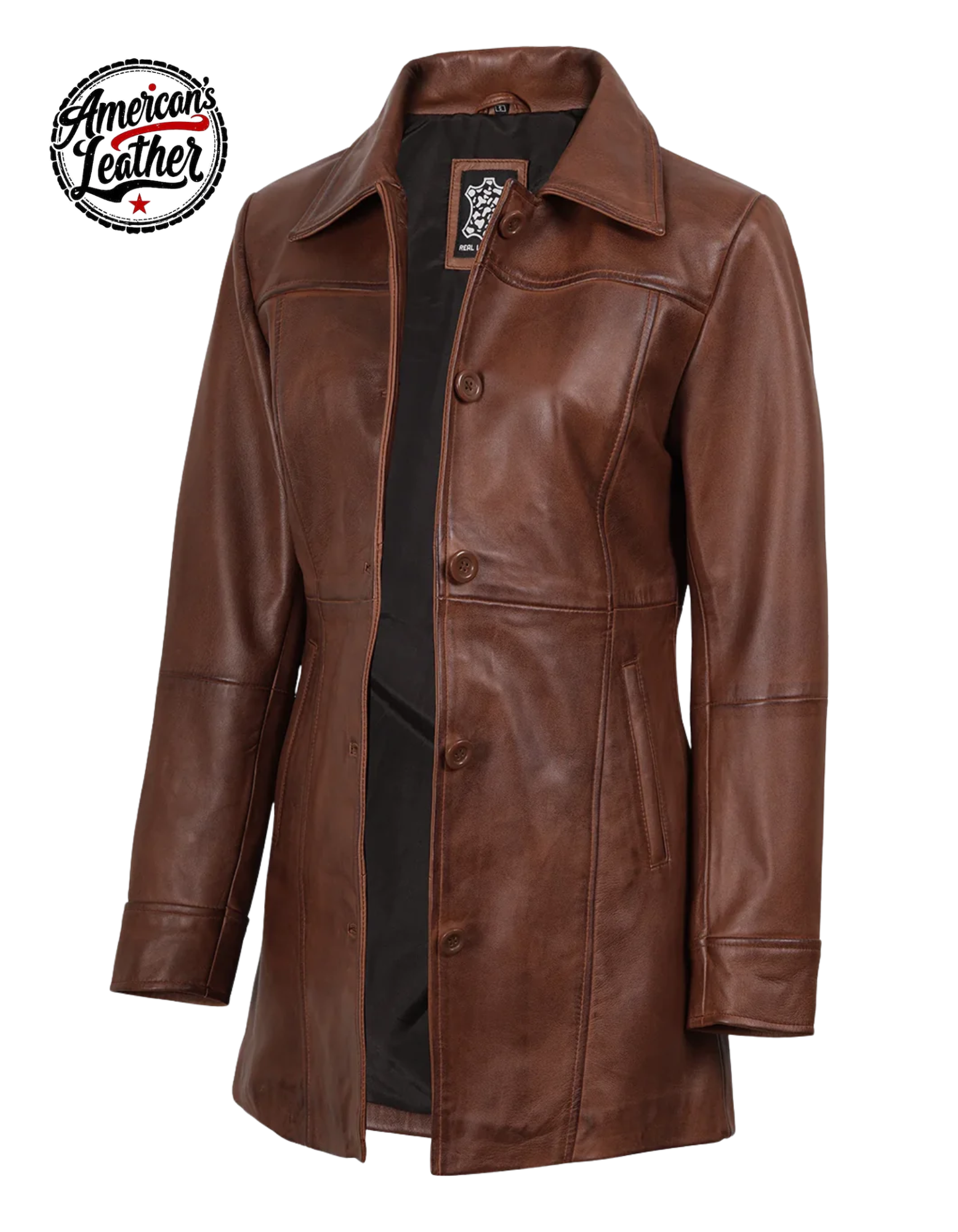 Kandis Women's Cognac Brown Leather Car Coat