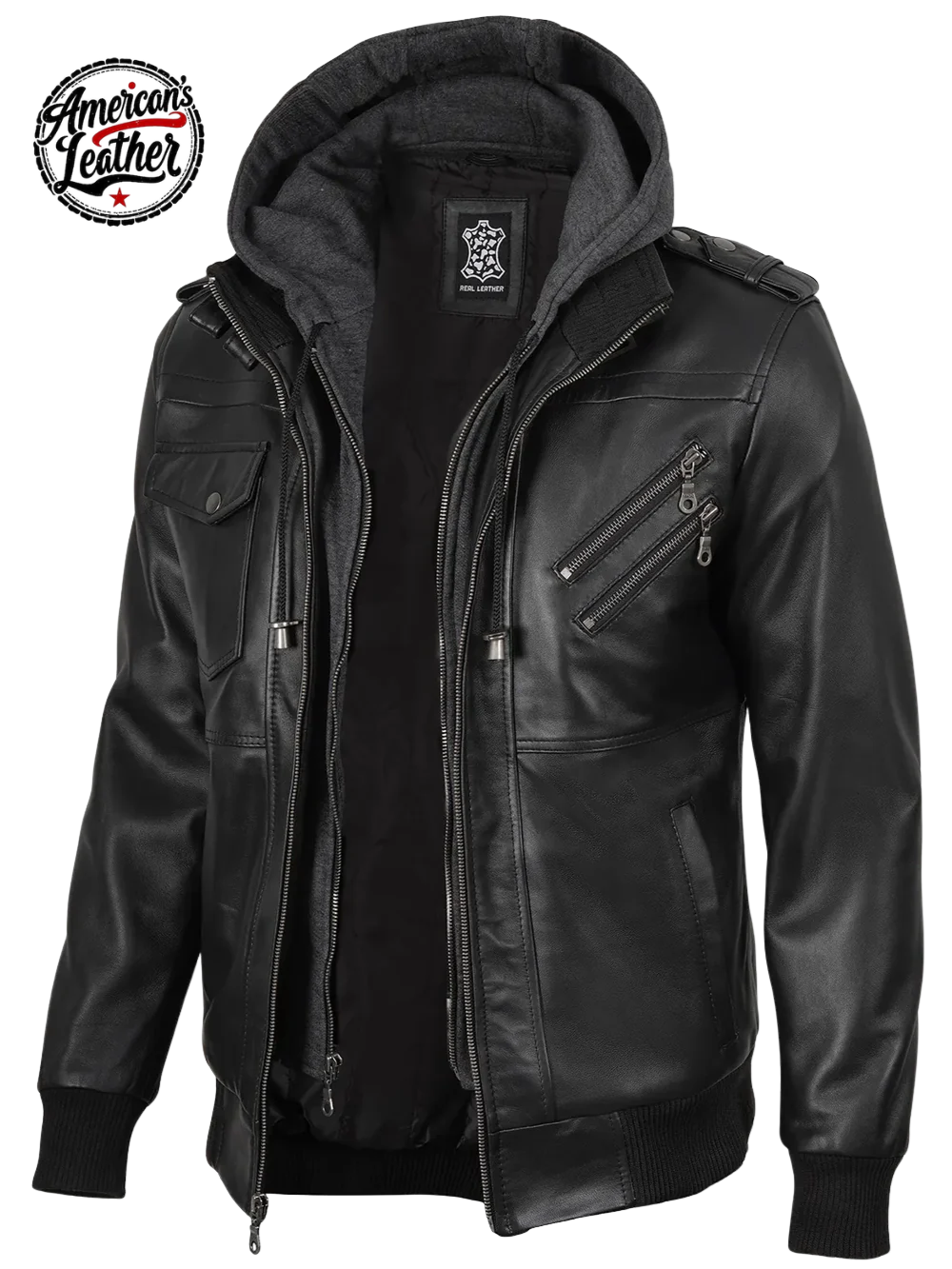 Men's Black Bomber Leather Jacket with Removable Hood