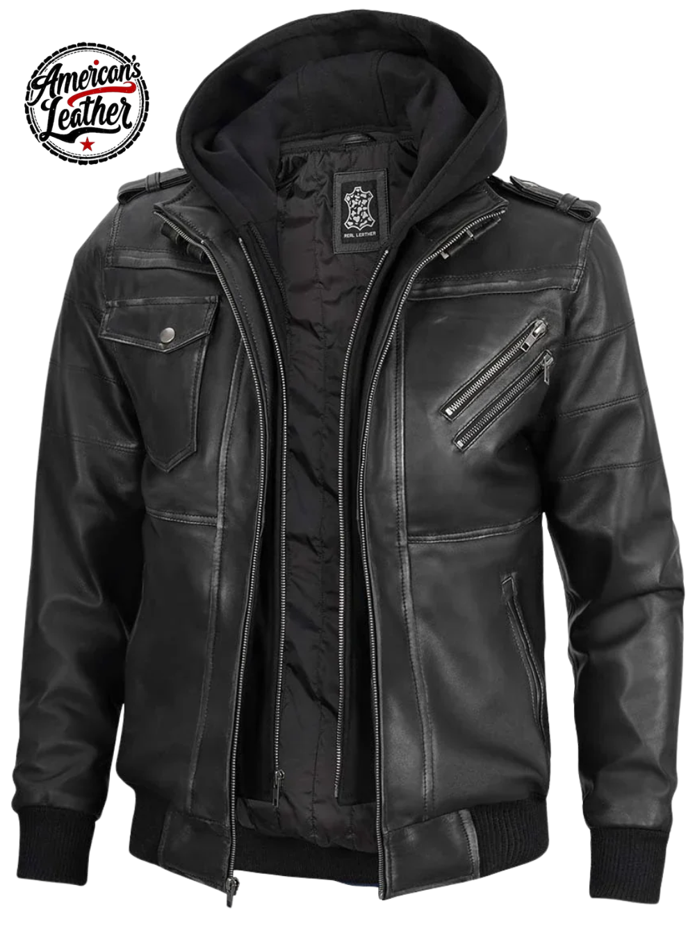 Men's Bomber Dark Grey Leather Jacket with Removable Hood