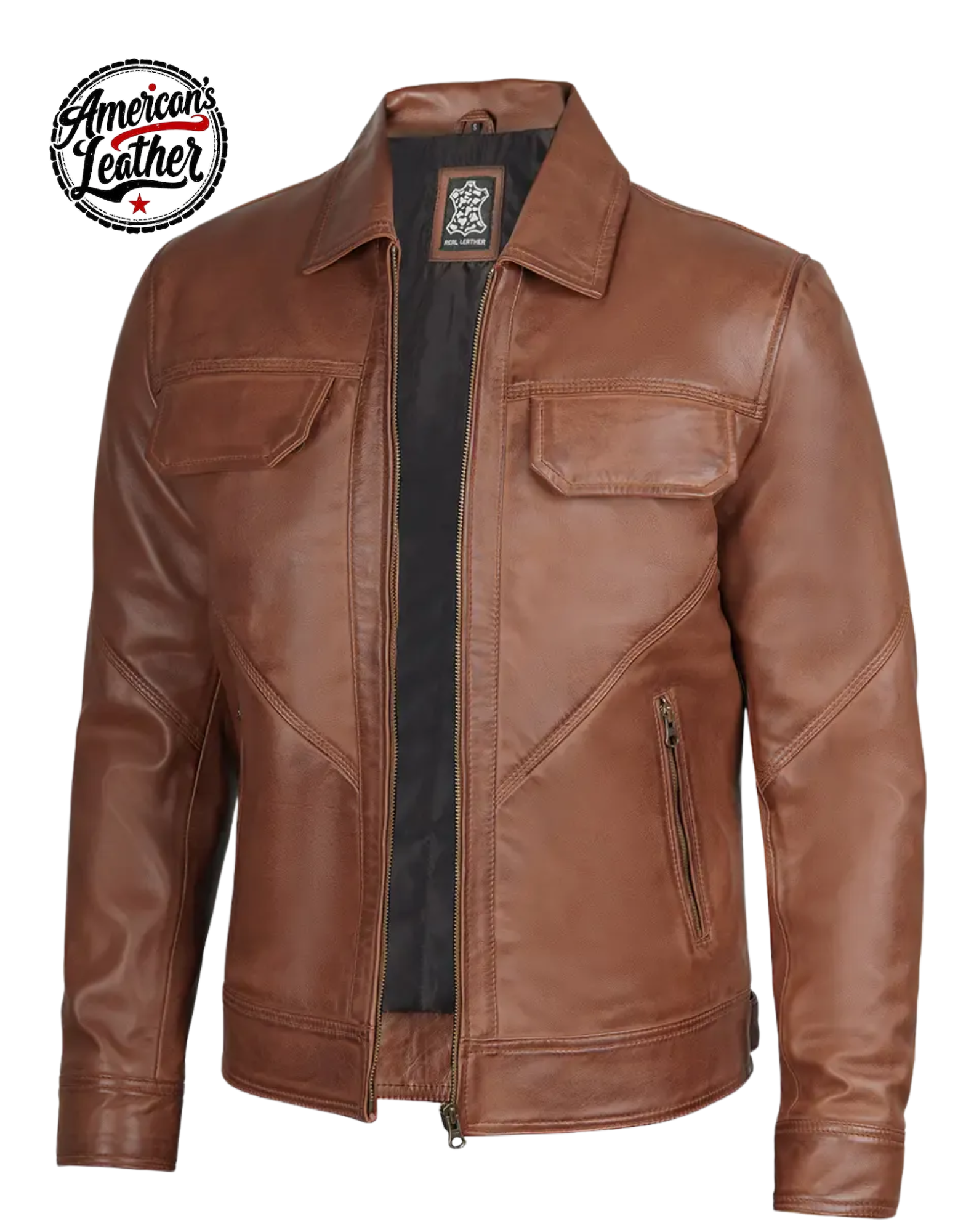 Men's Cognac Brown Lambskin Leather Jacket Shirt Collar