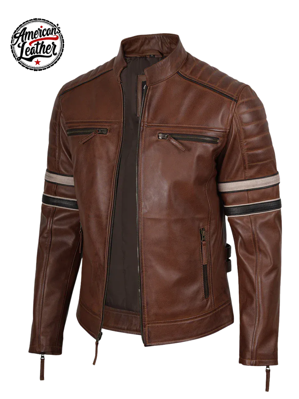 Men's Cognac Brown Leather Racer Jacket with Black and Beige Stripes