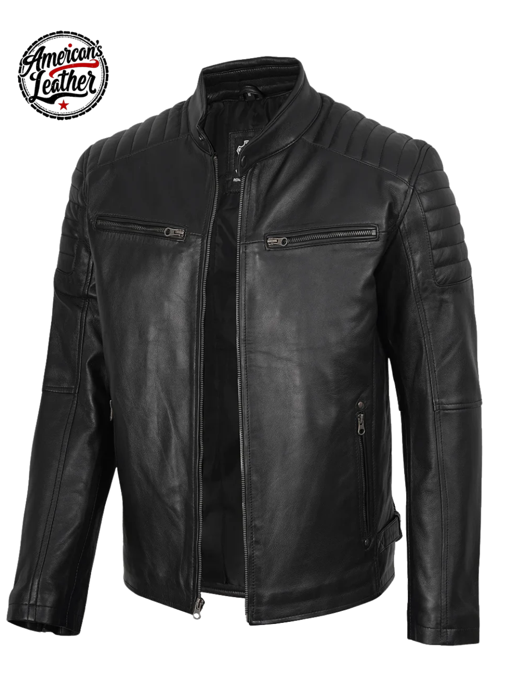 Men’s Real Leather Cafe Racer Jacket with Padded Shoulders