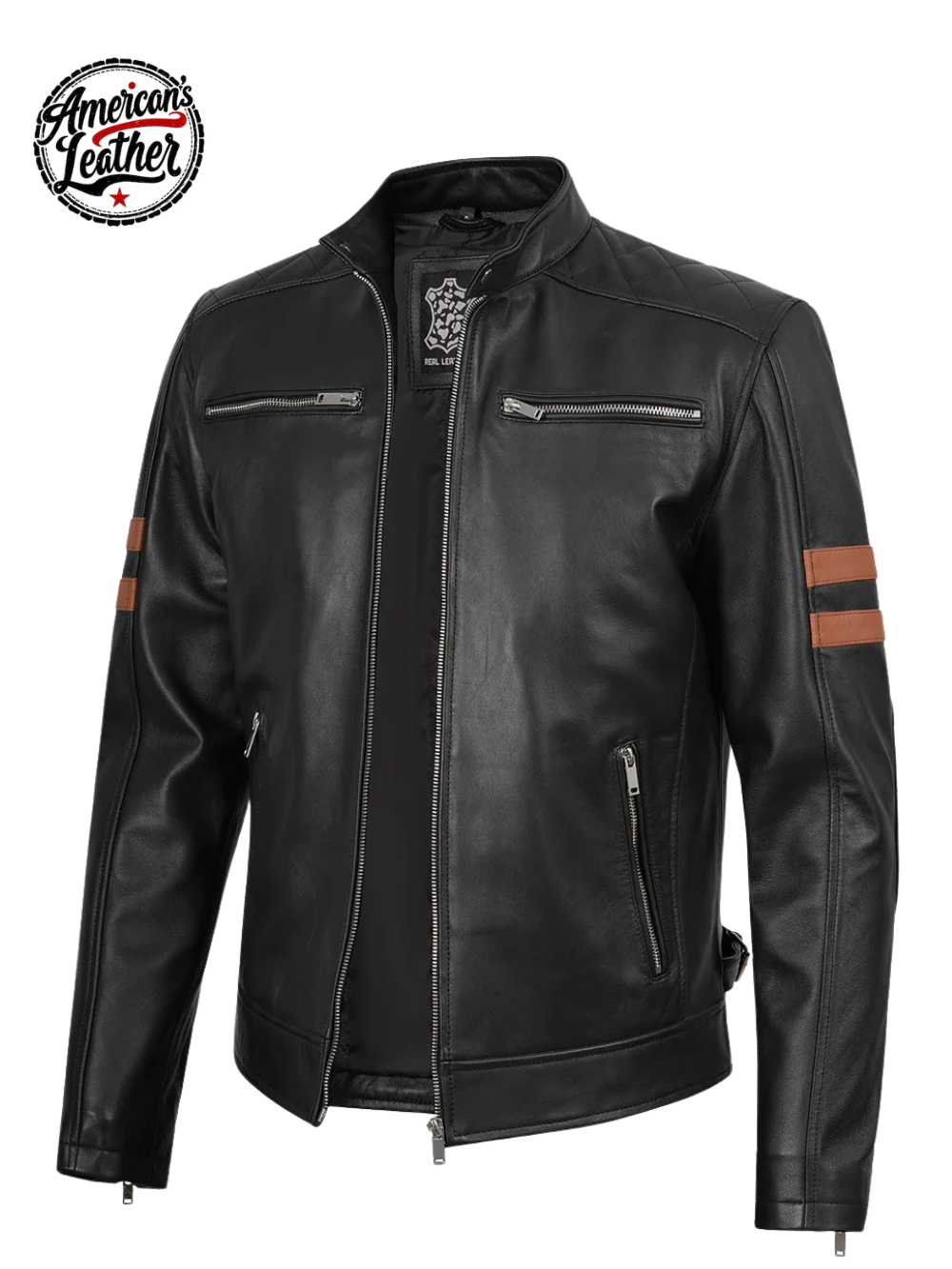 Mens Black Biker Style Leather Jacket with Tan Accent Stripes