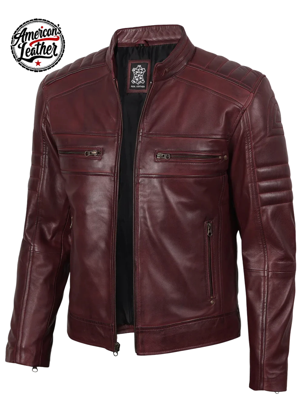 Mens Burgundy Cafe Racer Style Leather Jacket