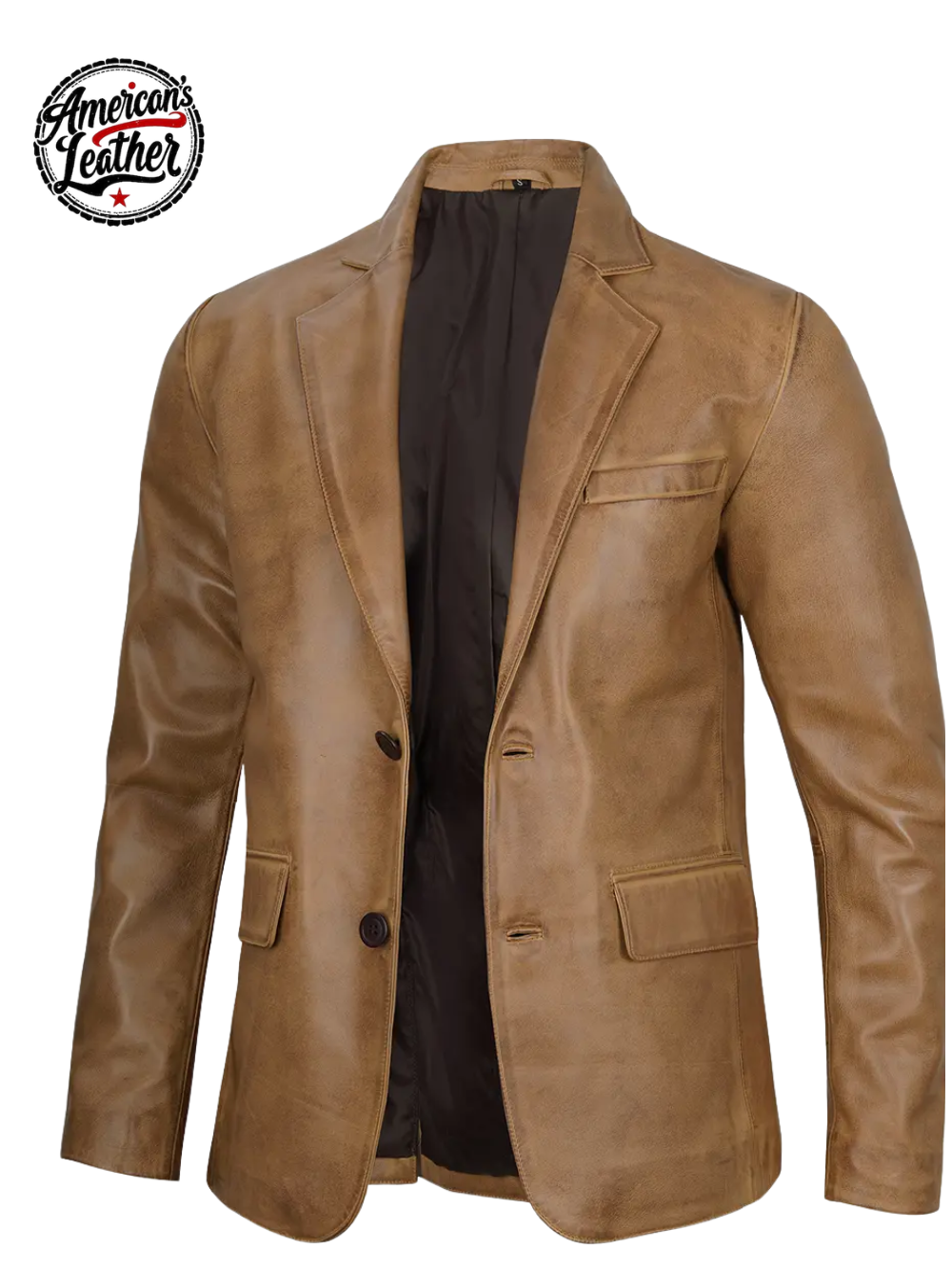Men Two Button Camel Brown Leather Blazer