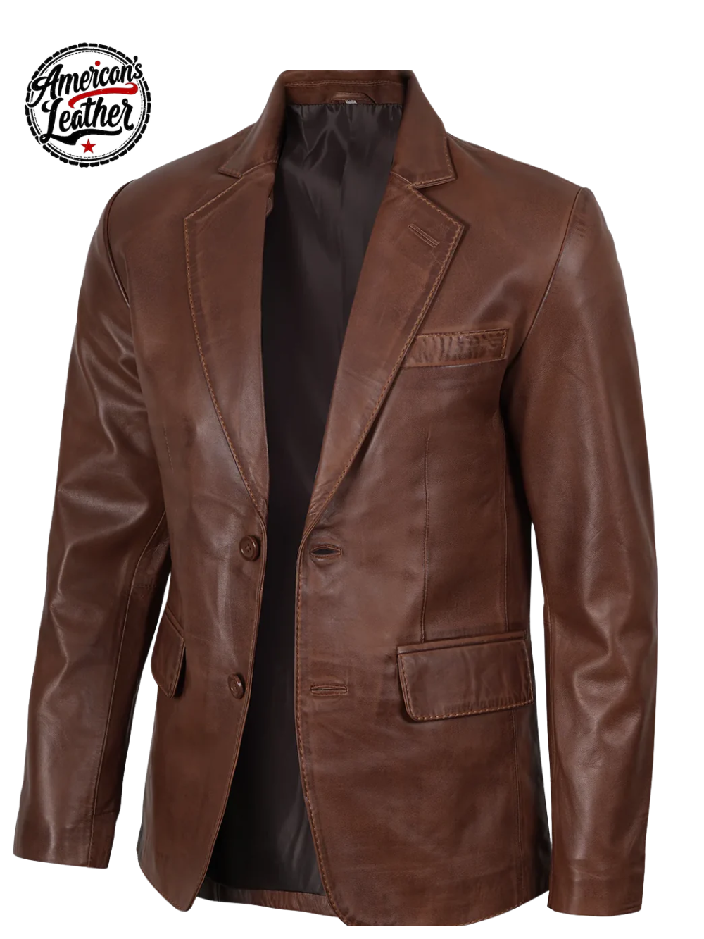 Men Two Button Cognac Wax Leather Blazer