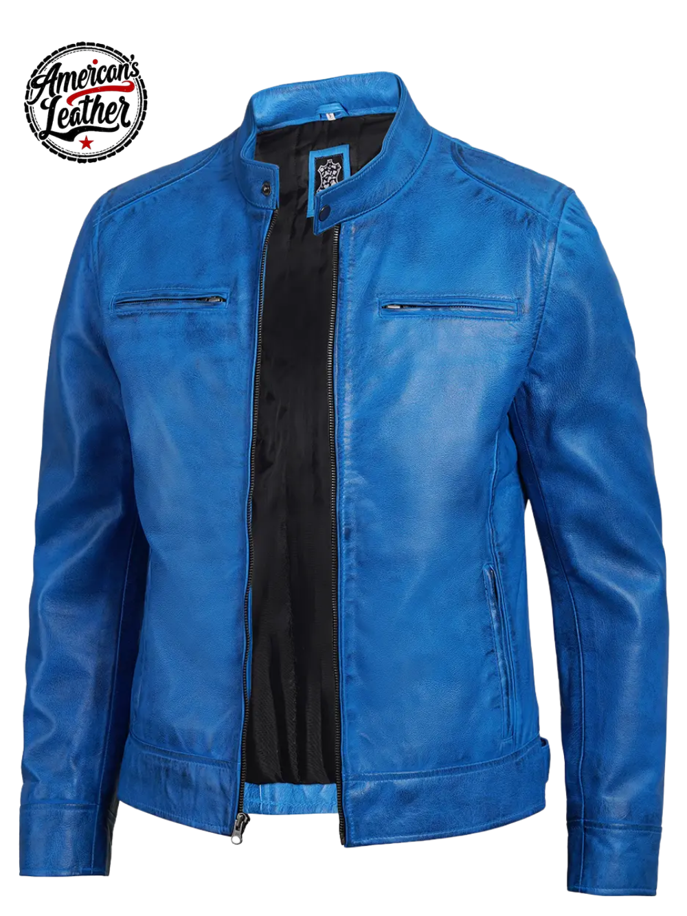 Real Leather Men's Cafe Racer Style Blue Jacket